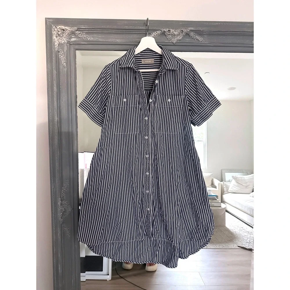 Everlane Daytripper Navy White Striped Cotton Shirt Dress High-Low Lagenlook XS - Picture 6 of 12